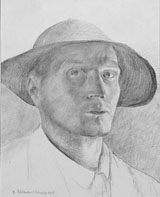 Paul Kälberer, Auto-portrait au chapeau, Dessin à la mine de plomb et à la craie