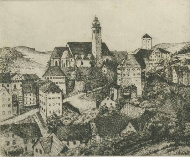 Paul Kälberer - Werkliste Radierungen - Horb a.N. I [mit Stiftskirche und Schurkenturm (1928)]