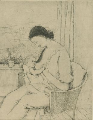 Paul Käberer: Mutter und Kind [stillend am Fenster mit Blick auf Glatt]